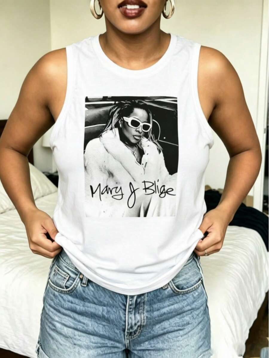 Mary J Blige Graphic Tank Tops Women, Y2K Summer Sleeveless Tops, Music Festival Going Out Crop Tops, Casual Streetwear - 白色4 - 查看 1