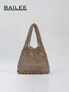 BAILEE Fashionable Colorful Polyester Yarn Hand-Woven Pattern Handbag With Ocean Charm, Suitable For Vacation - Grey - View 8