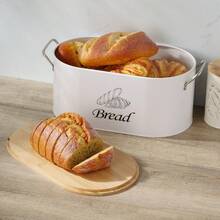Myrothcane Oval Metal Bread Box With Bamboo Lid And Side Handles, Large Capacity Kitchen Countertop Bread Storage Bin, Farmhouse Style Bread Freshness Container, White And Black Optional Food Storage Canister - Black and White - View 12