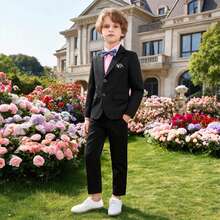3pcs Kids Gentleman Suit Set, Including Jacket, Pants And Bow Tie, Formal Wear For Boys, Spring/Autumn - الأسود - مشاهدة 3