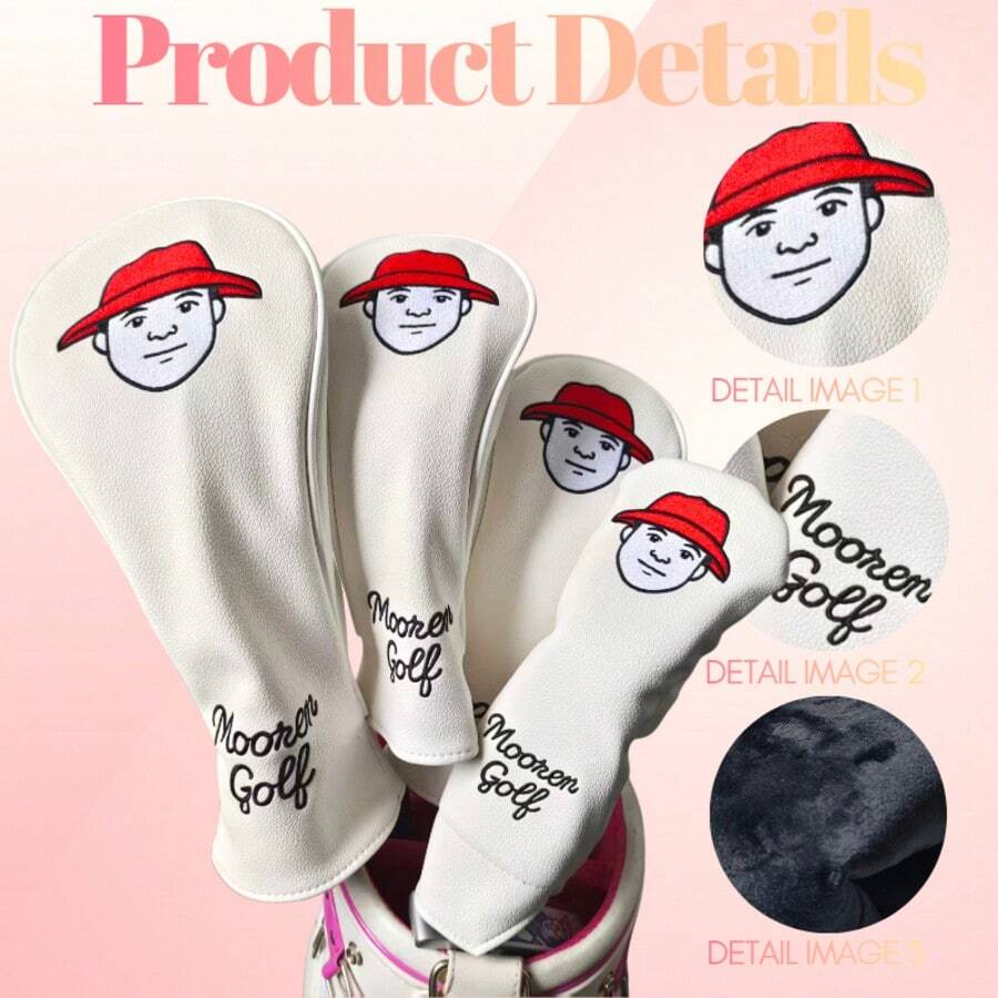 Niche American Vintage Golf Club Head Cover, Cream Base With Red Cap Portrait Embroidery, Delicate Lychee Texture PU, Anti-Collision, Professional Golf Course Use - White - View 1