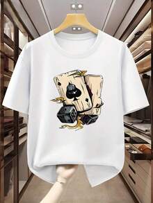 Camiseta vintage de talla grande para hombre, 100% algodón, estampado de naipes y dados, camiseta informal de manga corta para verano, tops de verano de talla grande. - Blanco - Ver 1
