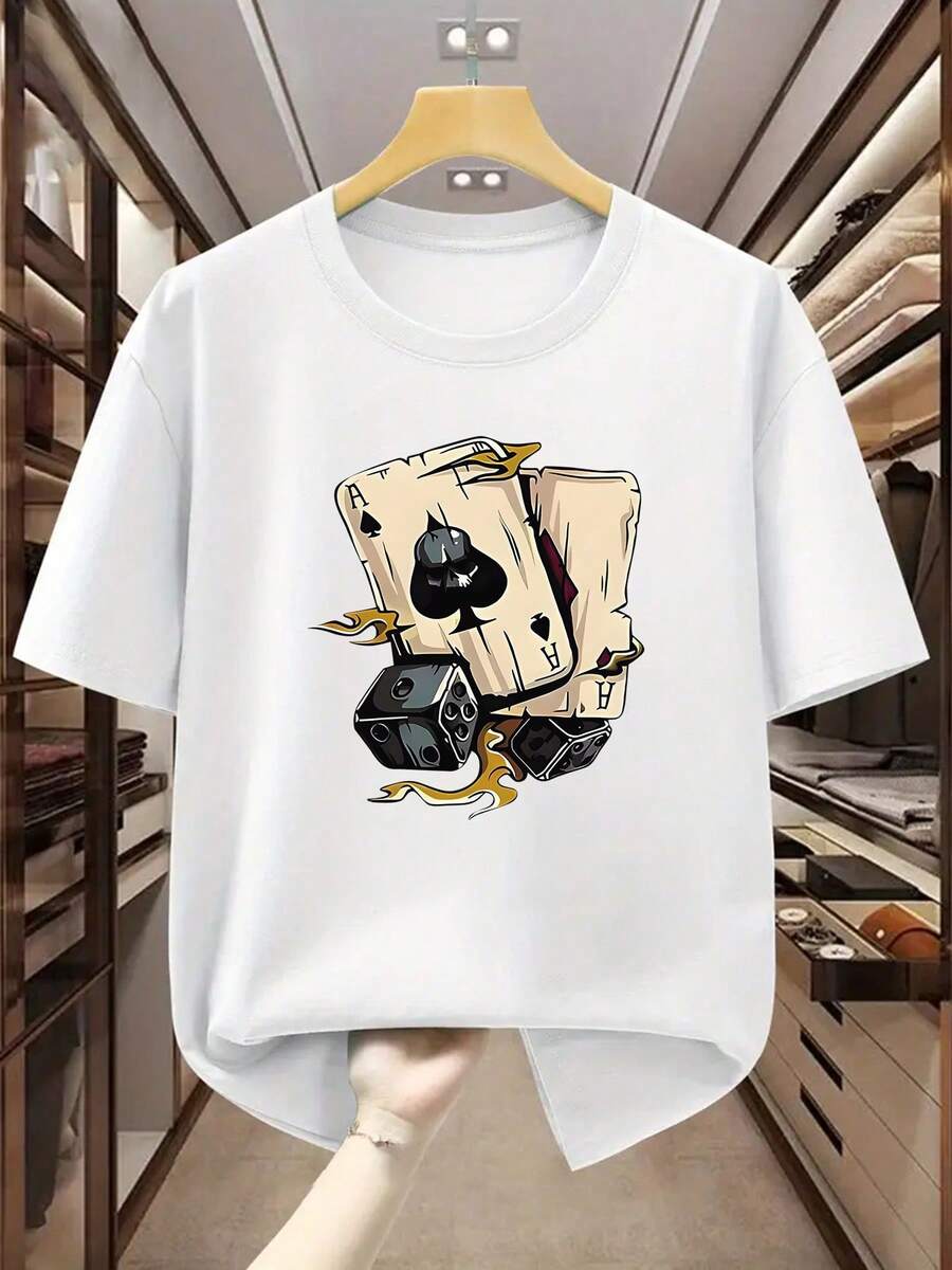 Camiseta vintage de talla grande para hombre, 100% algodón, estampado de naipes y dados, camiseta informal de manga corta para verano, tops de verano de talla grande. - Blanco - Ver 1