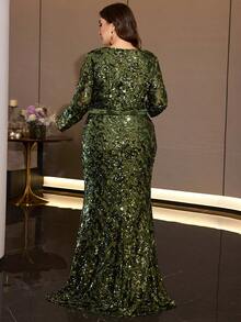 XUIBOL Plus-Size Sequined Long-Sleeved Round Neck Mermaid Gown, Elegant And Luxurious Evening Dress, Suitable For Formal Parties, Cocktail Parties - Olive Green - View 3