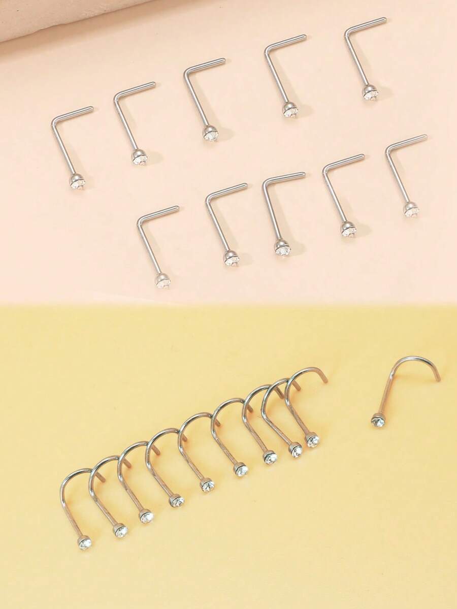 20入隨機色水鑽基本極簡風女款不鏽鋼鼻釘 - 白色L+白色S - 查看 1