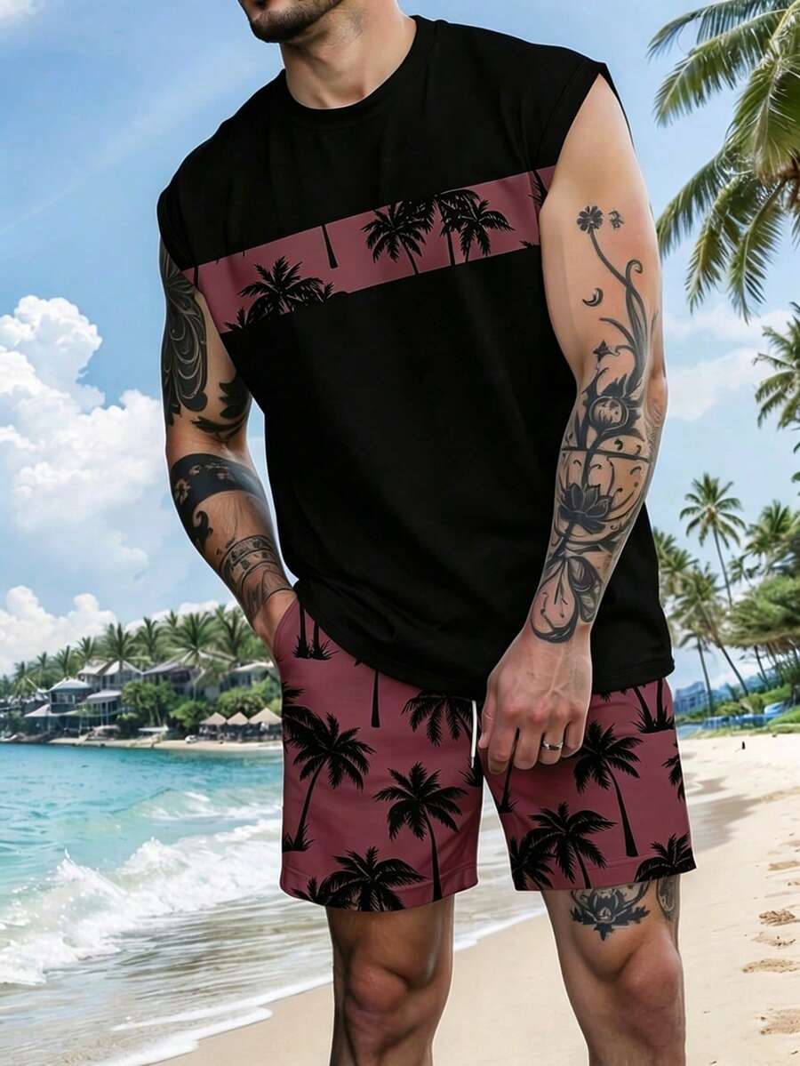 Men's Palm Tree Print Sleeveless Crew Neck Tank Top And Shorts Casual Set