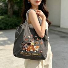 1件新款刺繡咖啡貓圖案輕量尼龍大容量購物袋托特手提包，女款派對旅行單肩斜跨包 - 彩色 - 查看 15