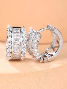 1 Pair Durable Full Rhinestone Wide Earrings - Luxury Elegant Choice, Suitable For Commute, Evening Party And Daily Wear - Silver - View 3