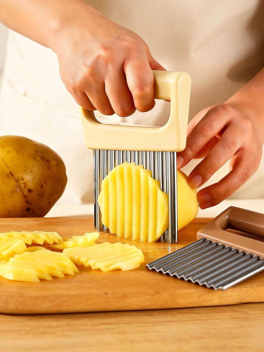 1pc Potato Slicer With Protective Cover, Stainless Steel Wavy Blade Wolf Tooth Potato Cutter, Manual Vegetable Slicer For Kitchen And Home Use, No Power Required, Multi-Functional For Fresh Fruit, Vegetables, Salad, Carrots, Potatoes, French Fries - Perfect For Home Kitchen - Multicolor - View 1