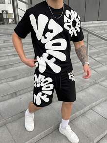 FRACTYR 男士街頭風休閒套裝，男士麻灰色大字母印花短袖T恤 + 抽繩短褲，舒適透氣，適合夏季穿著 - 黑色 - 查看 5