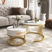 2-In-1 Round Coffee Table Made Of MDF, Side Table With Marble Tabletop And Plastic Rattan Drawers, Solid Wood Handles. Gold Iron Legs. 70 X 70 X 45.5 + 50 X 50 X 38.5 Cm - 白色 - 查看 3