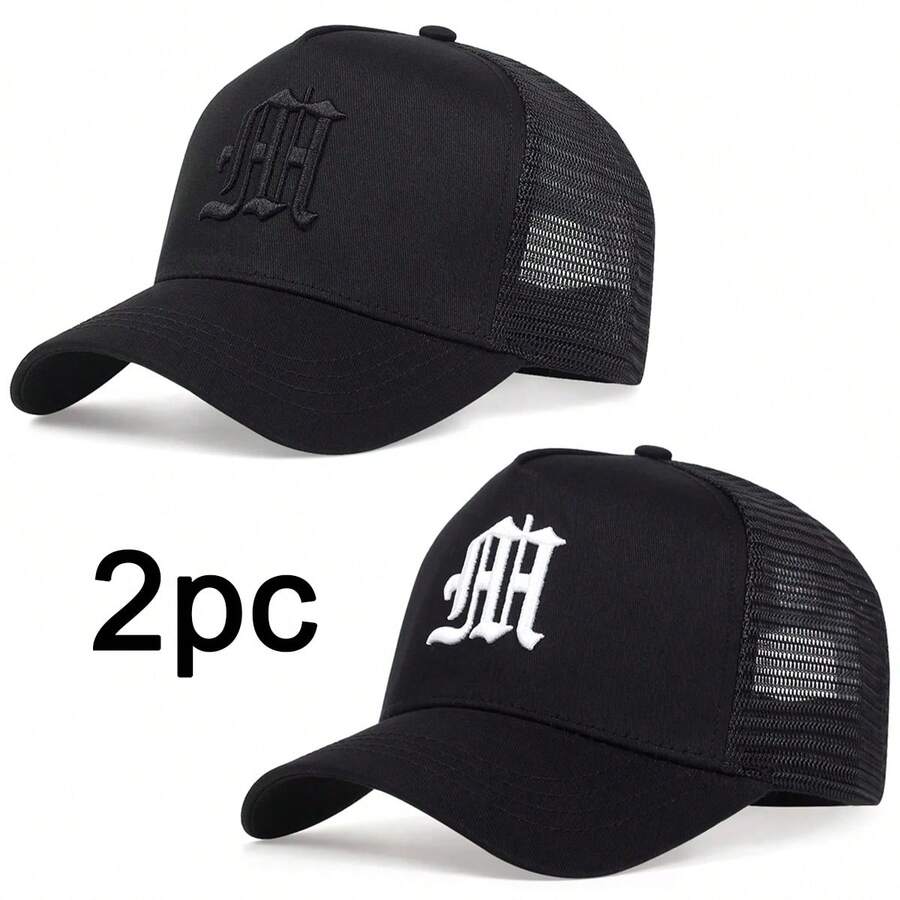 2 piezas Gorras de béisbol de malla con bordado de letras góticas para hombres - En blanco y negro - Ver 1