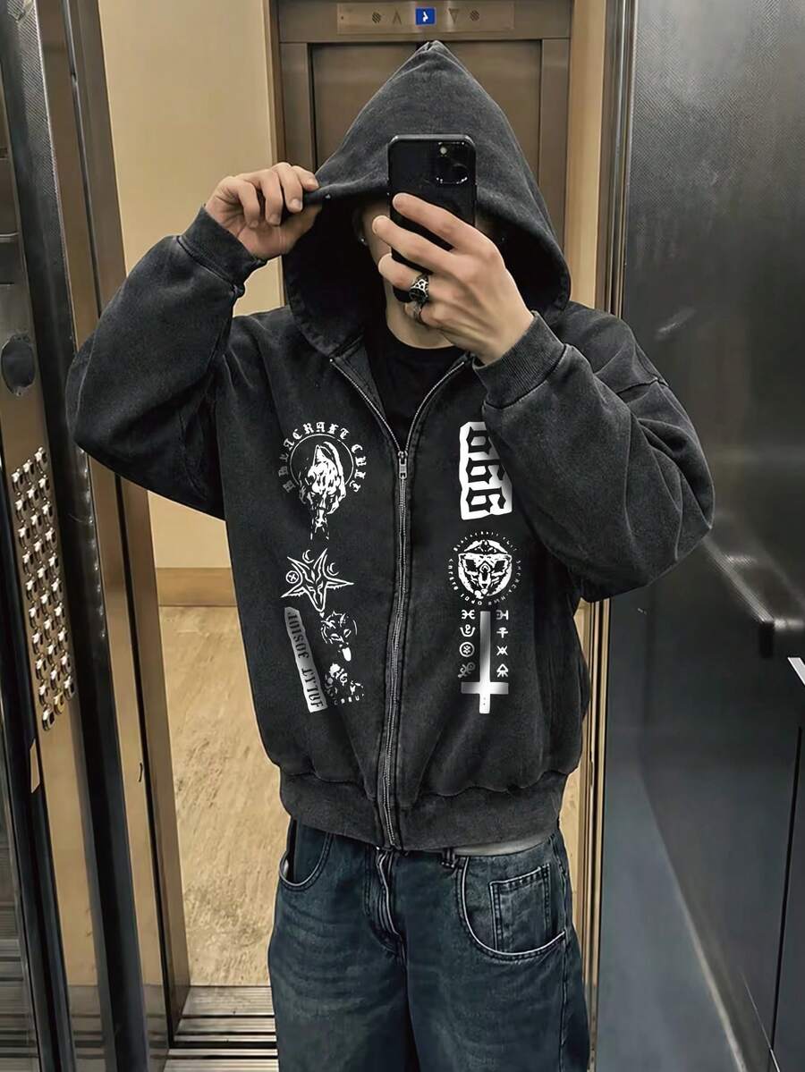 Men's Standard Size Long Sleeve Casual Washed Hooded Sweatshirt, Goat Head 666 Mysterious Rune English Graphic Print, Street Style Casual Sports Weekend Autumn Winter Washed Long Sleeve Hooded Sweatshirt - Black - View 1
