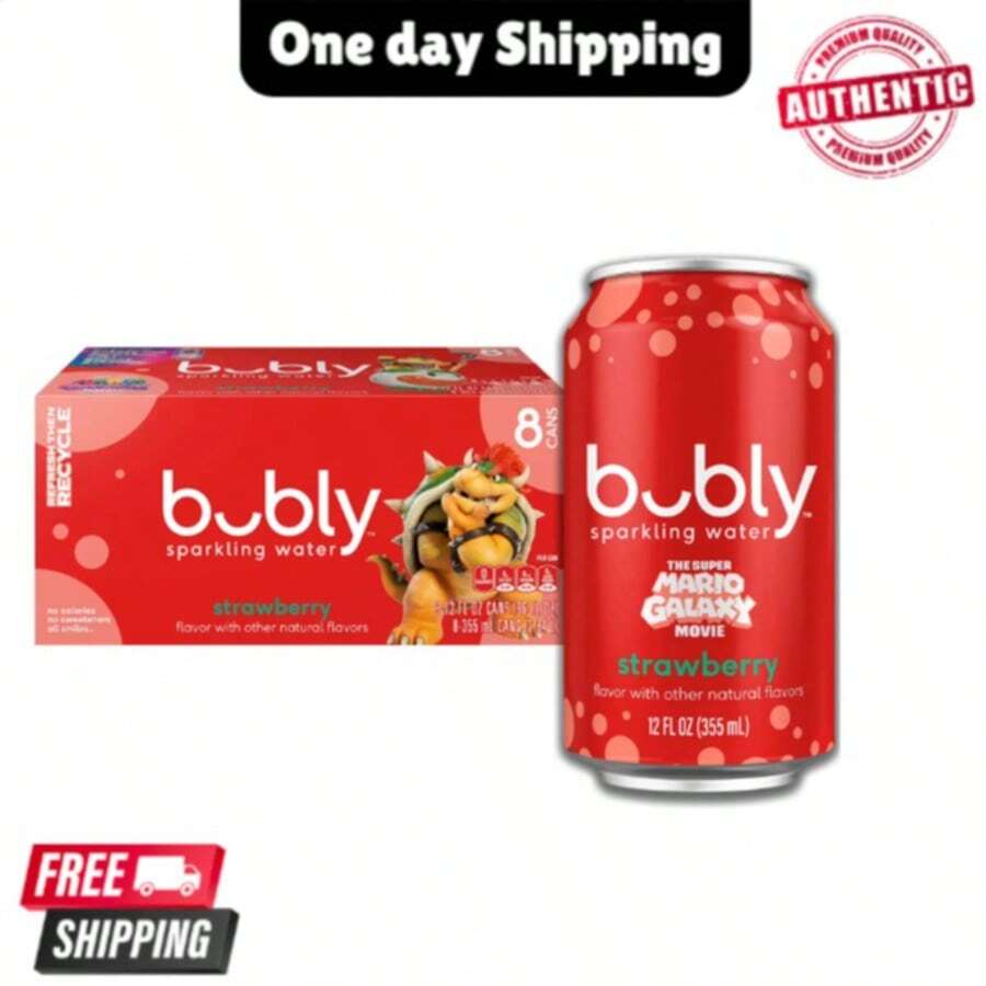 Bubly Sparkling Water The Galaxy Movie Strawberry Flavor (8 Pack, 12 Fl Oz Cans) Zero Sugar Fizzy Drink - Drinks - View 1