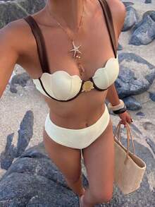 Women's Elegant Shell Cup Patchwork Edge Underwire Swimwear, Summer Vacation Beach - Beige - View 1