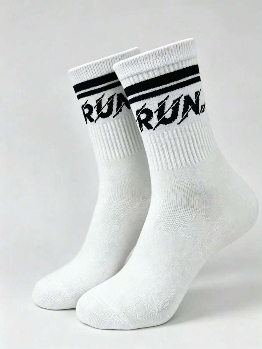 1 Pair White Mid-Calf Socks, Red SPORT Letter & Blue Stripe Design, 2026 FIFA World Cup Theme Print, Casual Street Style Sports Socks - Multicolor - View 1
