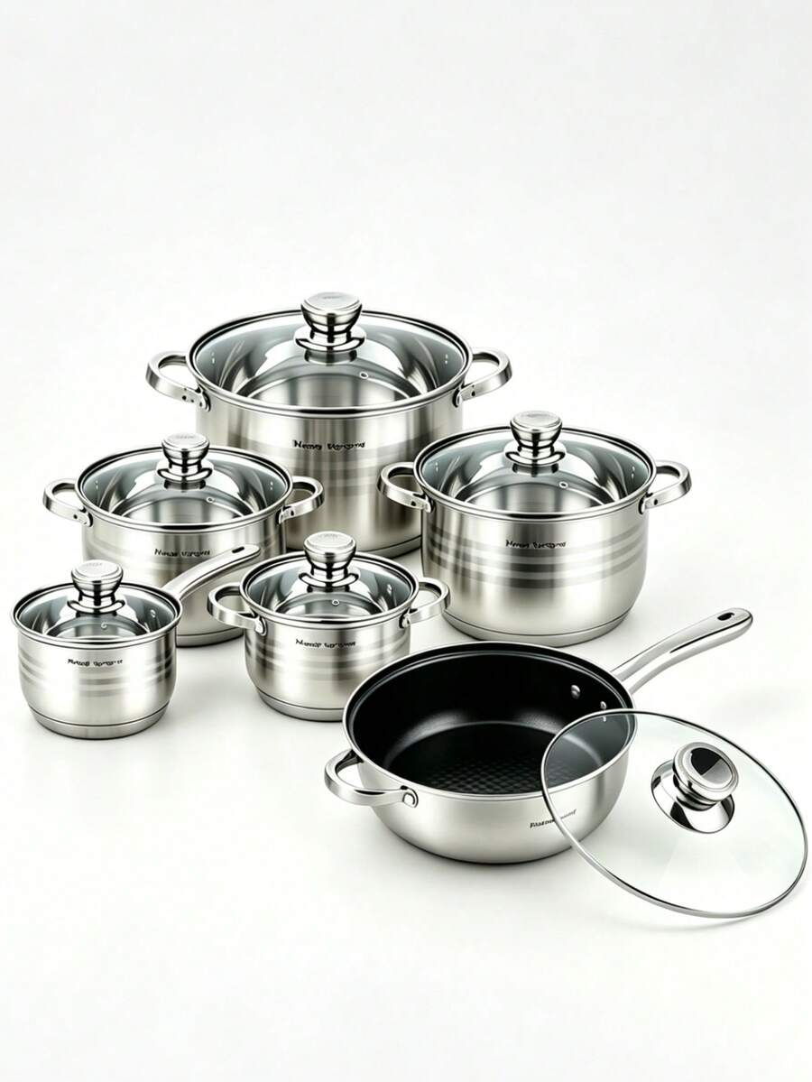 12pcs/6pcs Stainless Steel Kitchen Cookware Set, Non-Stick Frying Pan & Glass Lidded Stock Pots,Durable And Easy To Clean, Induction Compatible Kitchen Cooking Pot Set For Gas Electric Hobs, Home Kitchen Cookware Collection - View 1