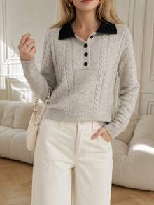 Women's Polo Collar Half-Button Cable Knit Sweater, Vintage Slim Fit Cropped Long Sleeve Preppy Commuter Inner Layer Top - Apricot Color - View 1