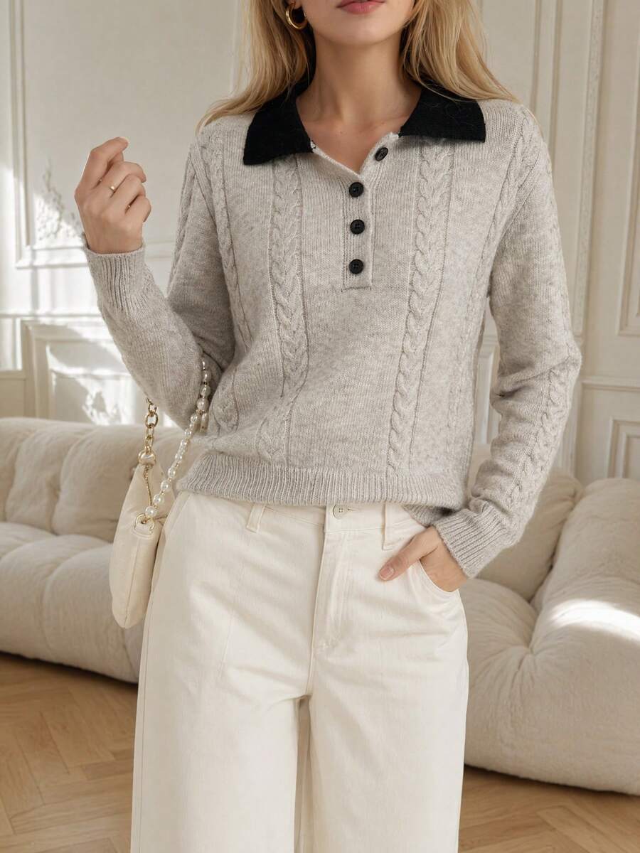 Women's Polo Collar Half-Button Cable Knit Sweater, Vintage Slim Fit Cropped Long Sleeve Preppy Commuter Inner Layer Top - Apricot Color - View 1