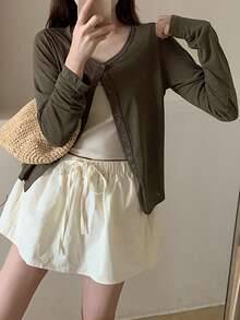Minimalist Daily Versatile Single-Breasted Knit Cardigan, Slimming - Dark Green - View 3