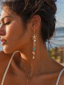 1 Pair Summer Beach Vacation Style Ocean Creature Multi-Pendant Tassel Hoop Earrings, Fashionable Versatile Women's Ear Jewelry Suitable For Daily Wear, Beach Parties And Music Festivals - Multicolor - View 1