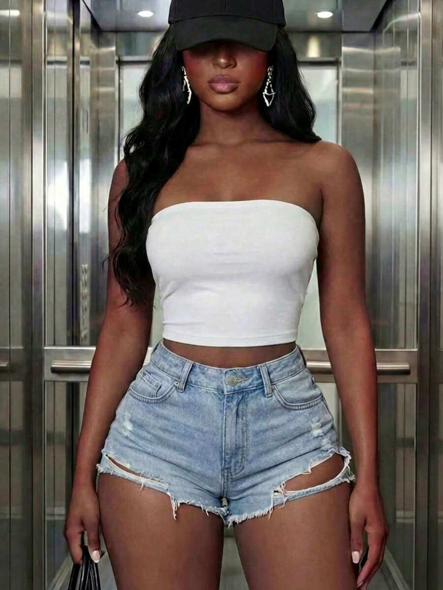Women's Casual Short Bandeau Top, Daily Wear Summer White