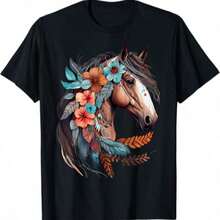 New Years Eve Tops T-Shirt For Women Plus Size T-Shirt Floral Wild Horse Country Horse Riding T-Shirt 100% Cotton Round Neck Short Sleeve - Wild Horse shirt002 - 查看 1