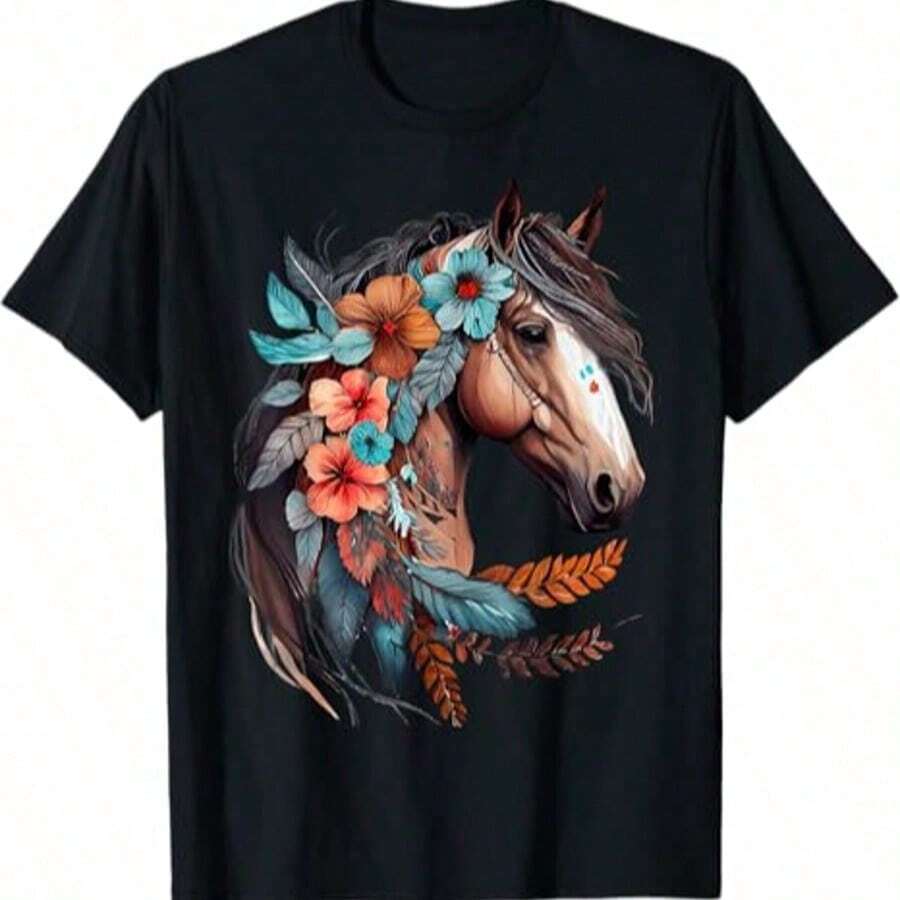 New Years Eve Tops T-Shirt For Women Plus Size T-Shirt Floral Wild Horse Country Horse Riding T-Shirt 100% Cotton Round Neck Short Sleeve - Wild Horse shirt002 - 查看 1