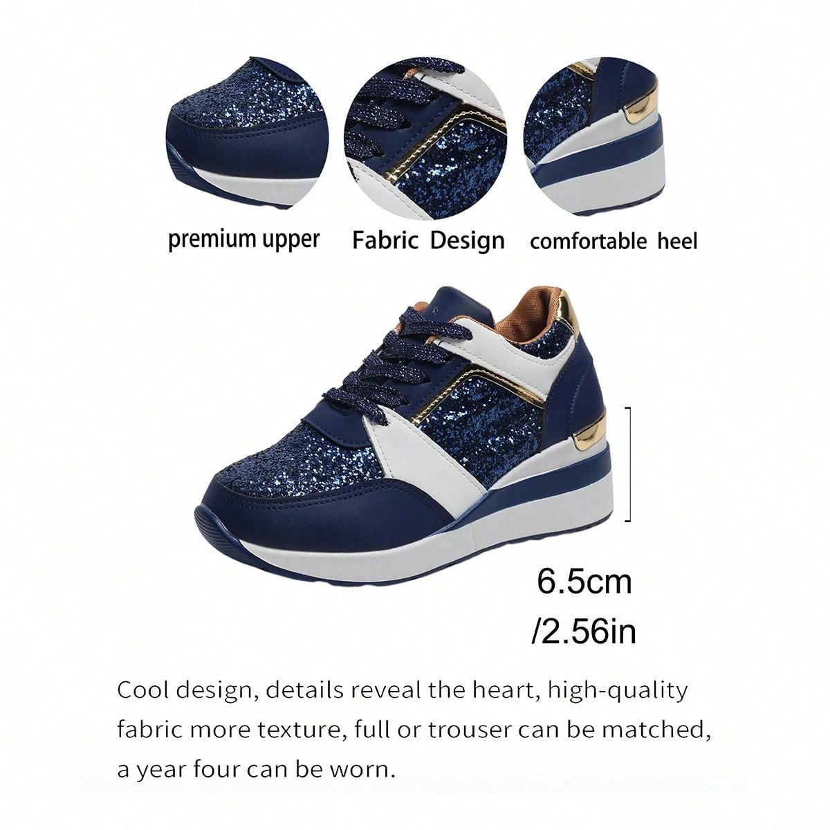1 Pair Women's Sequin Patchwork Platform Sneakers, Thick Sole Lace-Up Slimming Casual Running Shoes