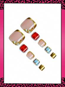 24pcs Y2K Style Medium Square Press-On Toenails, 3D Gold French Press-On Toenails With Gold Pearls And Rhinestones, Leopard Print Design, Suitable For Women And Girls Daily Work, Study And Party Use, Spring/Summer Manicure - 彩色 - 查看 3