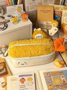 1pc Cute Tempura Fried Shrimp Plush Pencil Case, Large Capacity Multi-Compartment Stationery Storage Bag, Matching Fried Shrimp P, First Day Of School - Multicolor - View 3