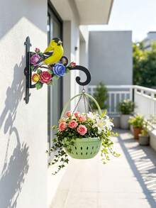 Colorful Goldfinch & Floral Decorative Wall Mount Plant Bracket, Wrought Iron Hanging Flower Pot Hook, Heavy Duty Anti-Rust Hanger For Hanging Basket, Bird Feeder, Wind Chime, Lantern, Outdoor Patio Yard Porch Garden Wall Art Decor - Yellow Bird Flowers - View 10