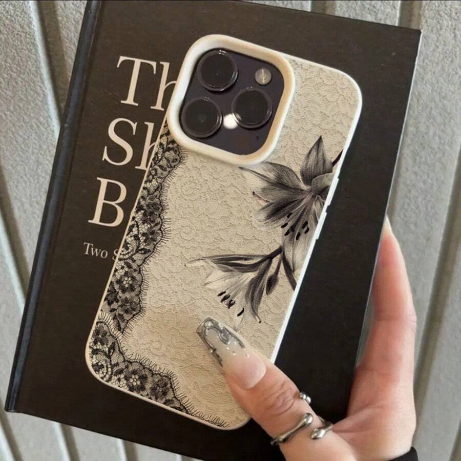 1pc TPU Material Elegant Vintage Black & White Lace Floral Ink Lily Pattern Phone Case Compatible With IPhone 17 Pro Max/17/16 Pro Max/15/13/12/11/ S20 FE/A15/S24/A55/ Note 11/Note 12/Note 13 Pro Full Coverage Anti-Drop Soft Shell Protective Cover - White - View 1