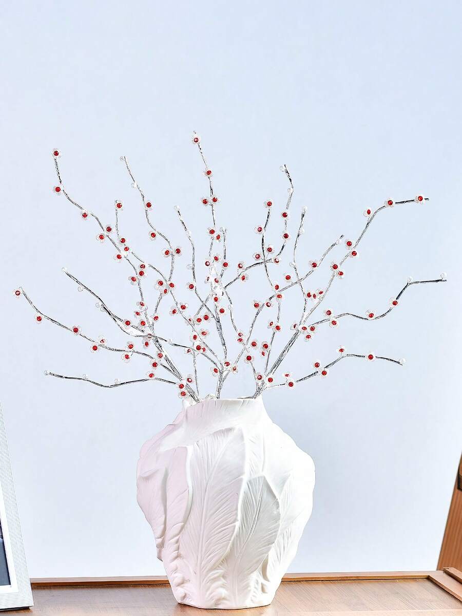 1 Peça Ramo de Flor Artificial com Pérola Falsa Prateada Cintilante, Estame de Strass Vermelho Elegante, Flor de Simulação, Buquê de Presente para Feriados, Adequado para Decoração de Casamento, Banquete, Decoração de Mesa Interna, Enchimento de Vaso - Prata - Visão 1