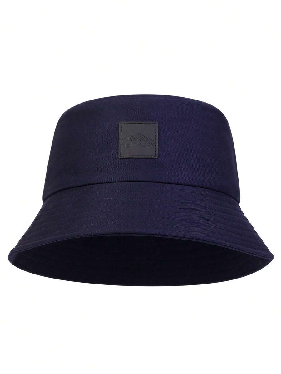 1pc Men's PU Leather Patch Bucket Hat, Outdoor Sun Protection Casual Hat, Suitable For Spring/Autumn Travel, Beach Vacation - Navy Blue - View 1