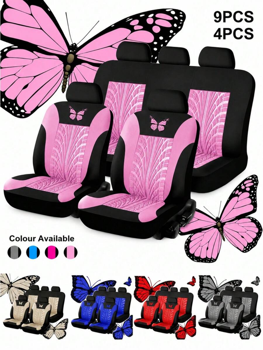 9pcs/4pcs Universal Butterfly Pattern Embroidered Car Seat Covers - Polyester Fabric, All Season, Airbag Compatible, Hand Washable - Suitable For Sedan, Van (4pcs Set With 2 Seats & 9pcs Set With 5 Seats Options)