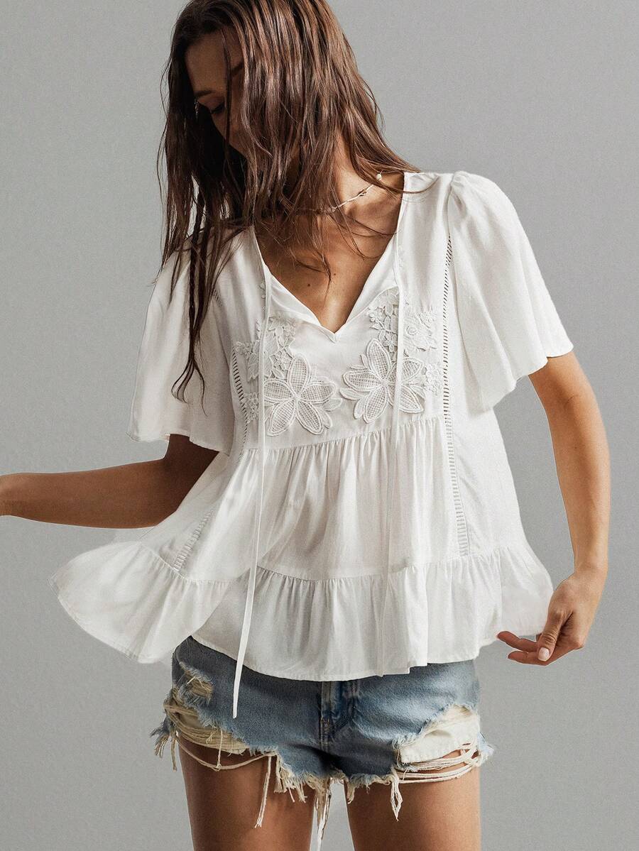 Rusttydustty Bohemian Style White Lace Embroidered V-Neck Loose Ruffle Sleeve Women's Vacation Top, Suitable For Autumn/Winter Summer - White - View 1