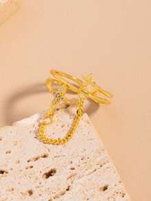 1pc Personalized Rhinestone Four-Pointed Star Chain Open Joint Finger Ring, Sweet & Cool Double Layer Design Star Ring, Hip-Hop Style - Gold - View 5