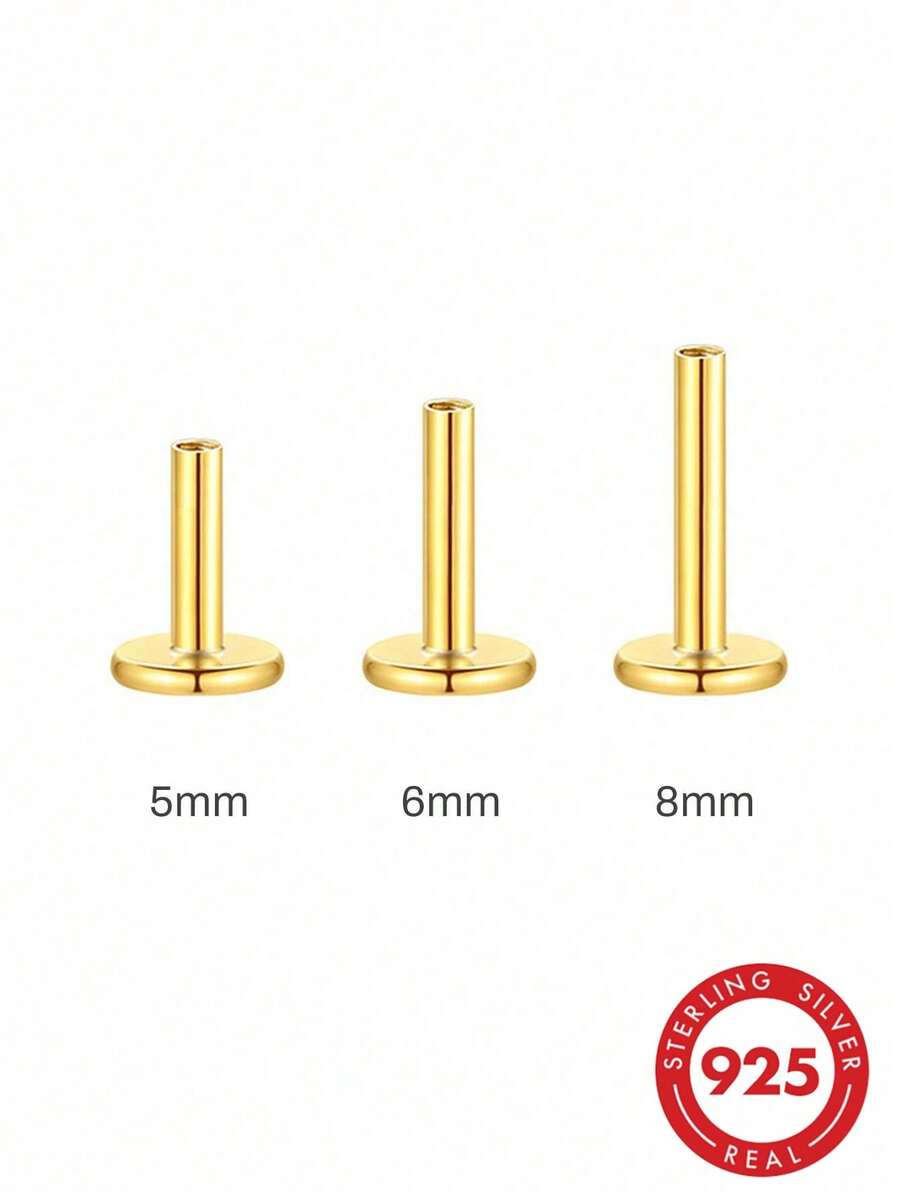 1pc 5mm/6mm/8mm Earring Posts And Backs,925 Sterling Silver Flat Back For Jewelry Making,Hypoallergenic With Heart Earring Backs DIY Making Findings - Gold - View 1