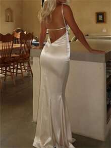 Women's Elegant Backless Satin Dress, Women's Wedding Bridesmaid Dress, Women's Wedding Guest Long Dress - Champagne - View 1