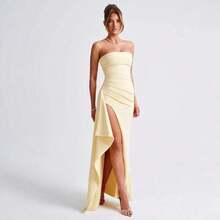 Vestido formal de mujer con escote fuera del hombro, sin tirantes, elegante y sexy, con una abertura alta y falda larga para el verano. - Azul - Ver 2