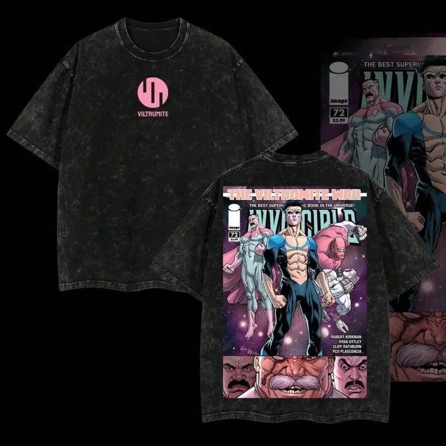 El Invencible Masculino# 72 La  de los Viltrumitas, Camiseta Gráfica de Algodón Lavado al Ácido, Ligera, de Gran Tamaño, con Doble Impresión, para Fans de Series de TV de Superhéroes - Negro - Ver 1