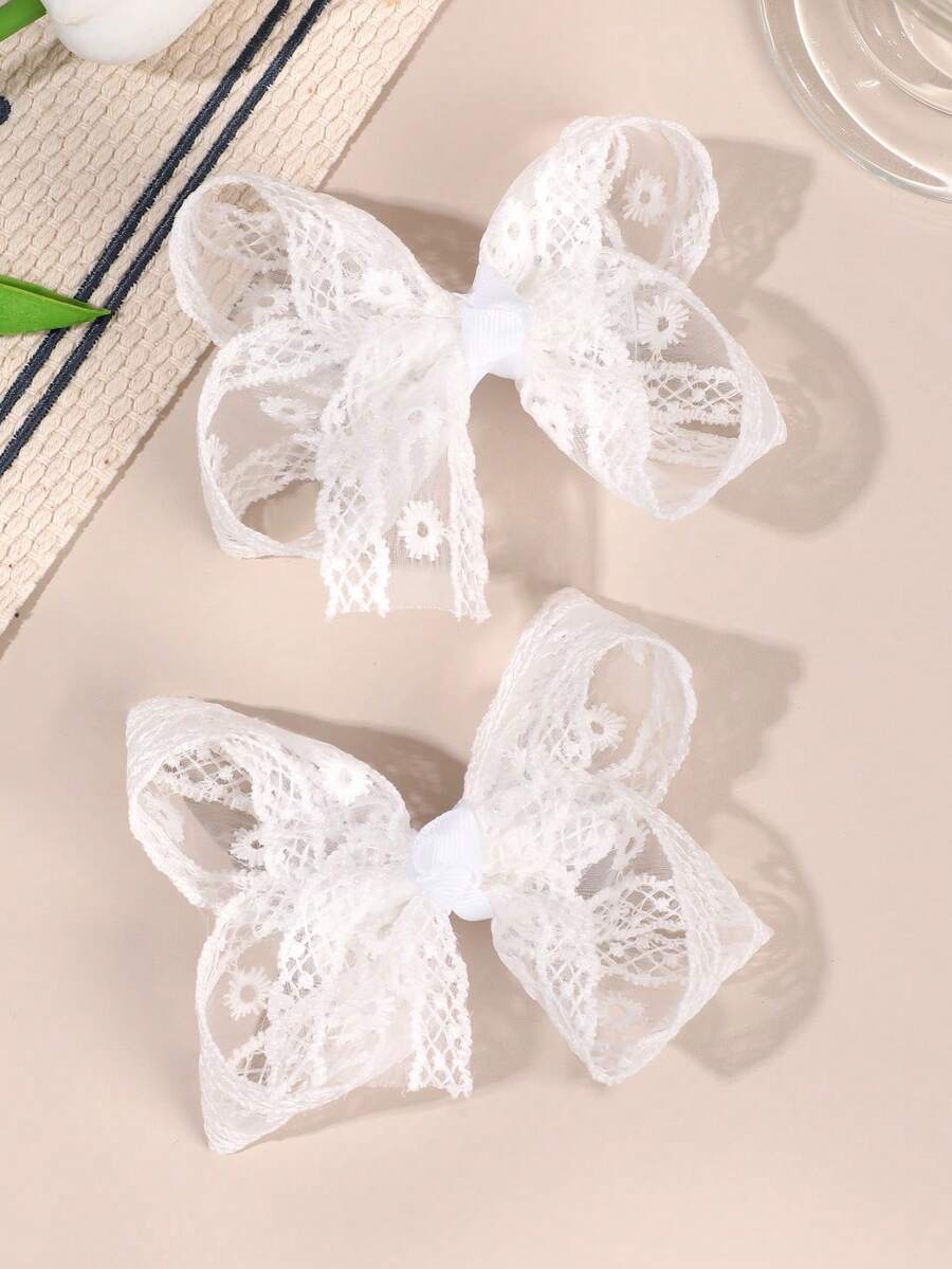 2pcs White Daisy Lace Bow Hair Clips For Girls, Alligator Clips, Cute Hair Accessories, Gift For Casual Daily Wear - White - View 1
