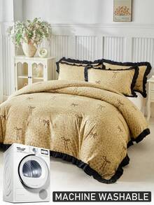 2/3 Piece French Bow Duvet Cover Set (1 Duvet Cover + 1/2 Pillowcases), Leopard Print, Black Ruffle Trim, Soft And Comfortable, Country Style Bedding, Suitable For All Seasons, Perfect As Holiday Or Birthday Gift, No Filling Included - Camel - View 7