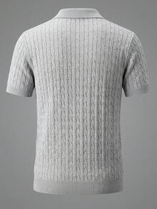 Men's Casual Classic Cable Knit Regular Shoulder Polo Collar Short Sleeve Top, Suitable For Summer - Light Grey - View 8