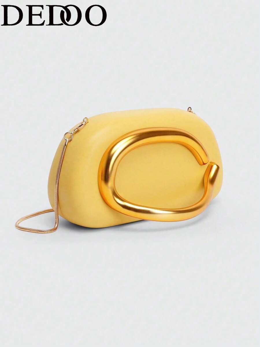 Hard Shell Clutch, Solid Color With Pattern, Large Gold Curved Metal Hardware, Detachable Chain Crossbody Strap, Minimalist Luxury Style, Suitable For Parties - Yellow - View 1