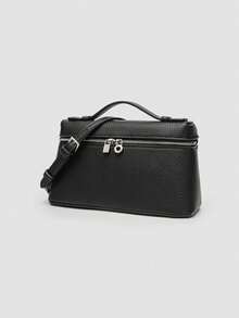 Black Lychee Textured PU Mini Box Handbag With Slim Top Handle And Detachable Spaghetti Strap With Double Handles. Compact Rectangular Cosmetic Bag With Silver Double Zipper Design. Ideal For Minimalist Professional Women, Perfect For Commuting, Dating, Weekend Shopping And Daily Outings. - Black - View 2