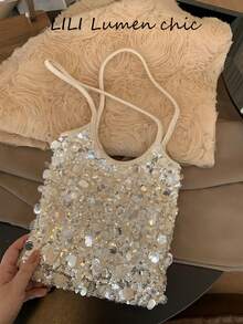 Silver Mixed Sequin Mesh Shoulder Bag With Thin Double Shoulder Straps, Featuring Asymmetrical Large Round Sequin Patchwork. Shiny Reflective Sequins Sparkle Under Light, Compact Capacity Can Hold Lipstick, Earphones And Coins, Sweet And Sparkling Design Is Ideal For Nightclub, Dinner Date And Party Outfits. - Beige - View 2
