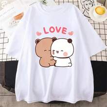 DailyTheme Love Couple Cartoon Bear Print Crew Neck T-Shirts American Flag Dress Casual Wear Y2k USA Graphic T-Shirt Fashion Top Short Sleeve Sweet Ov - White - View 1