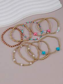 9pcs CCB Colorful Rice Bead Cross Beaded Multi-Layer Bracelet Set, Suitable For Women's Daily Wear, Dating, Music Festival, Party Layering - Multicolor - View 5